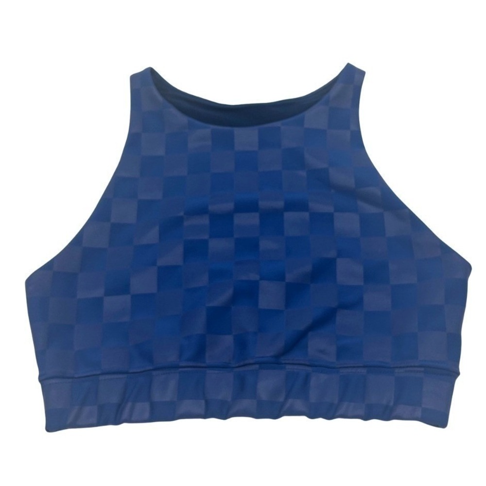 Peloton Blue Checkered High Neck Racerback Padded Sports Bra Womens XS Gym